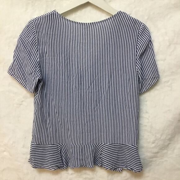 H&M Blue Striped Short Sleeve V-Neck Ruffled Top - Picture 9 of 9